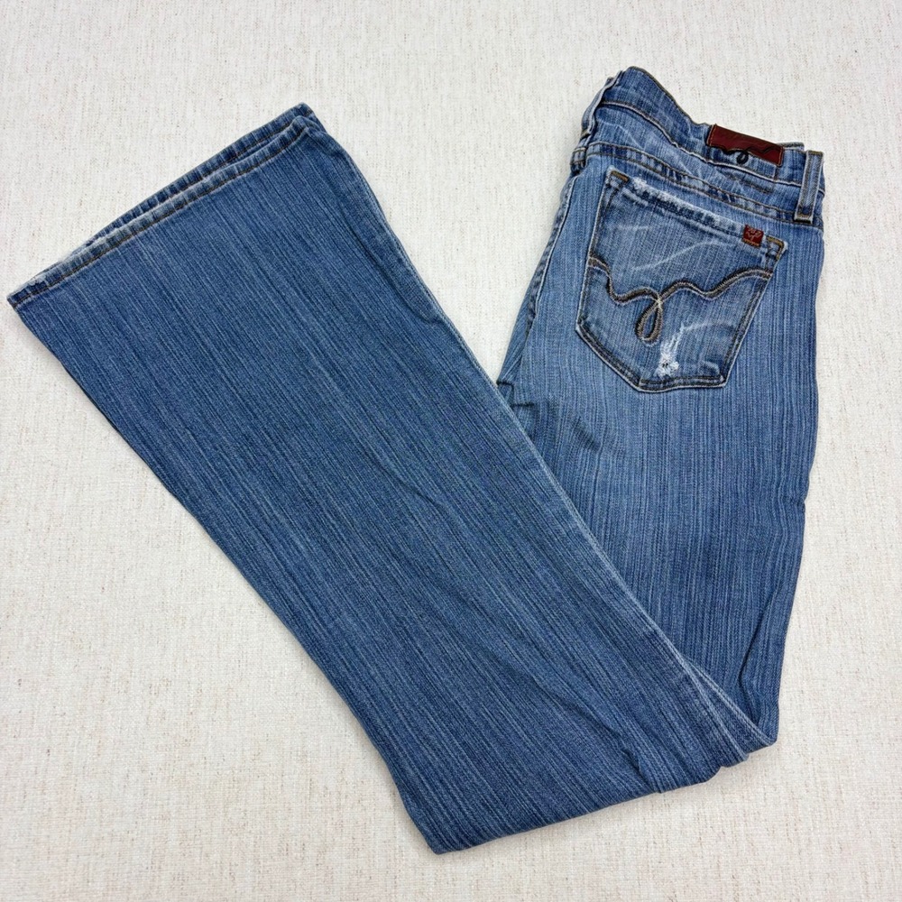 Blue 2 Low Rise Y2K Flare Jeans Medium Wash Distressed Denim Women's Size 27